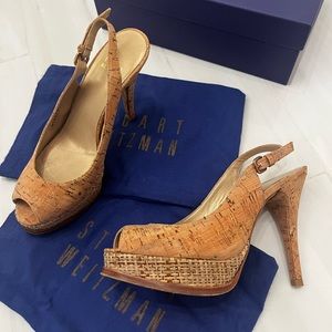 Stuart Weitzman woven cork sling-back 4” heels size 6.5. Adjustable ankle strap.